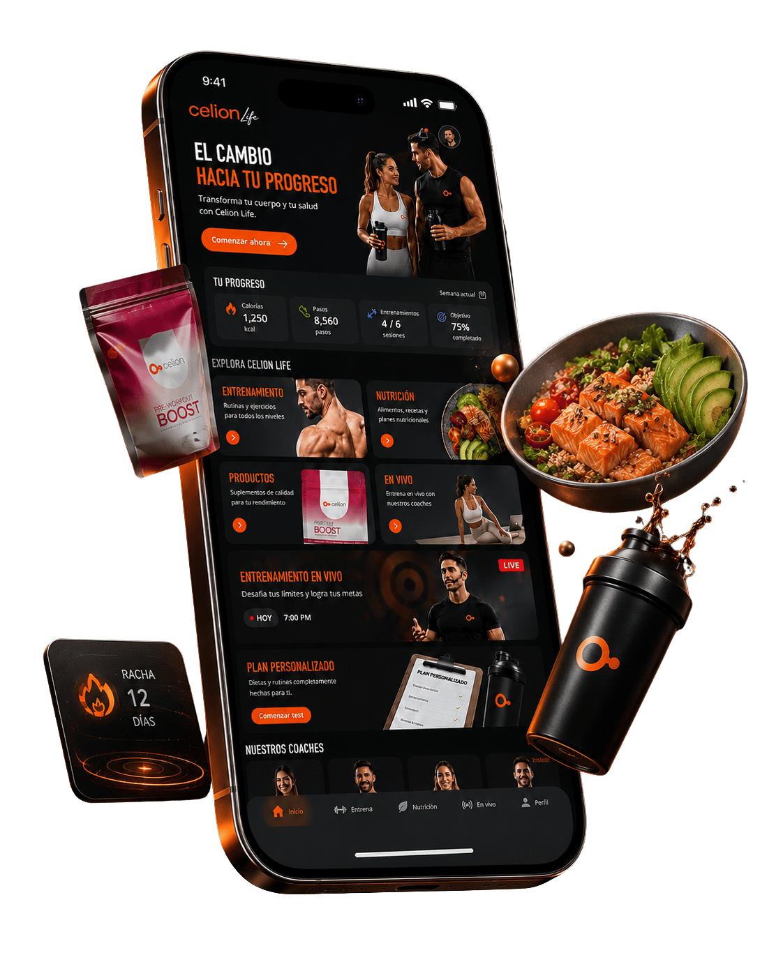 App Celion Life — interfaz oscura premium